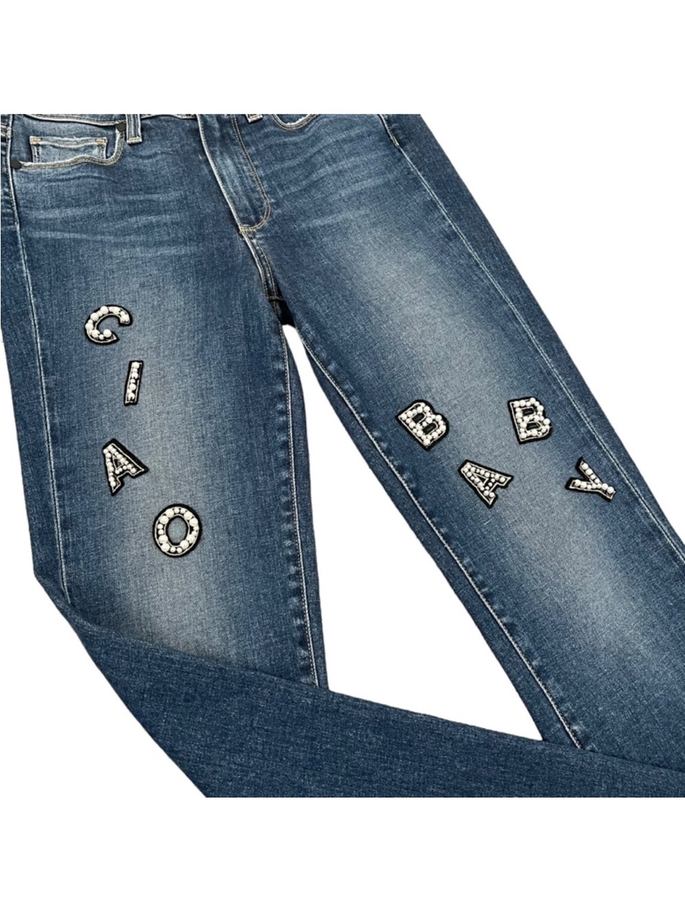 Paige High Rise Hoxton Ankle Peg with Pearl Adorned Patches “CIAO BABY” Jeans 27